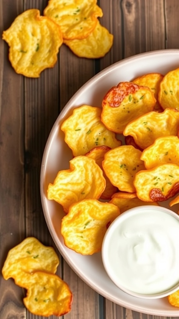 A plate of golden crispy zero carb chips made from cheese, with a bowl of dip on a wooden table.